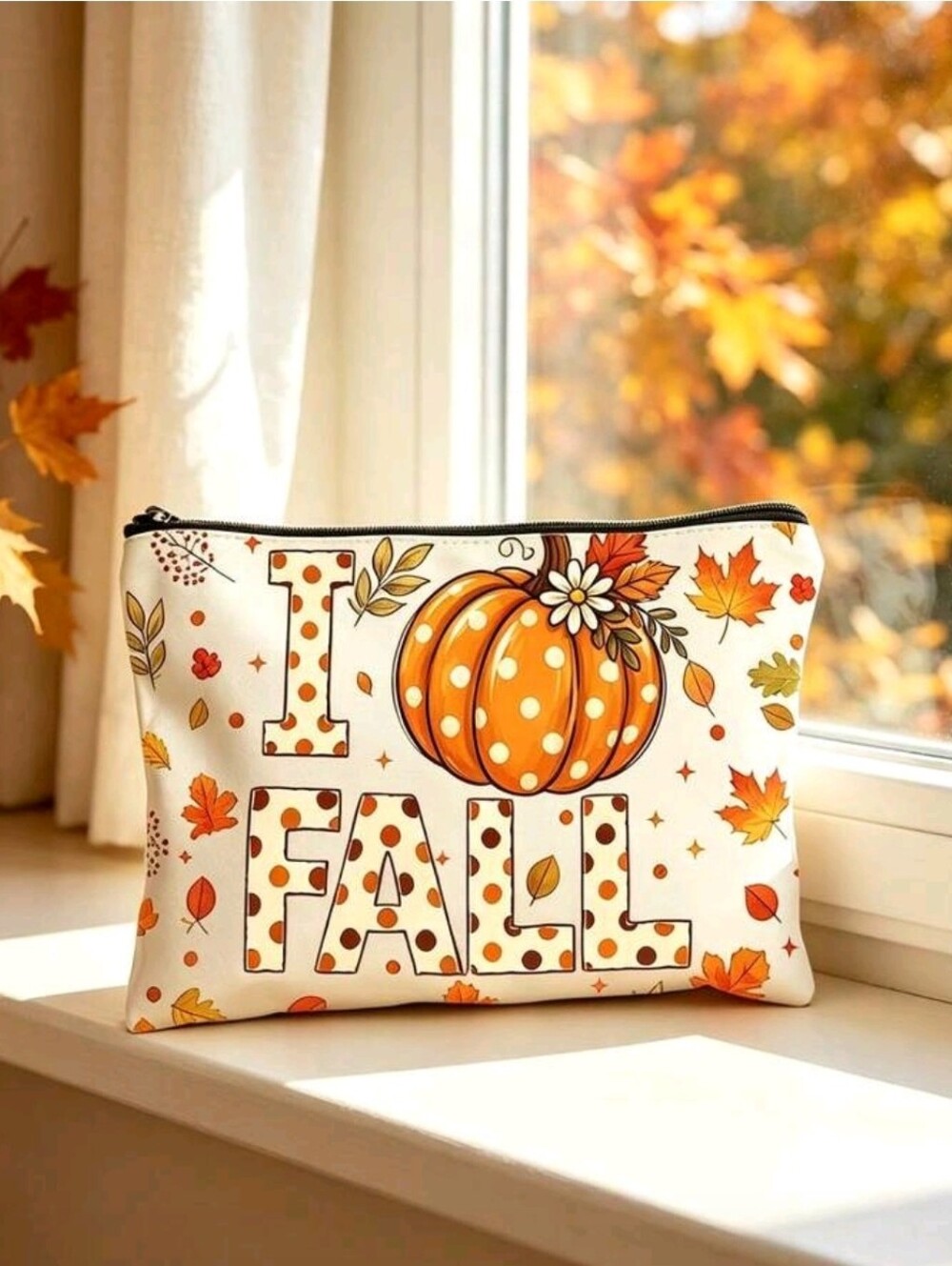Fall Harvest Polka Dot Pumpkin Cosmetic Pouch - Cream & Orange